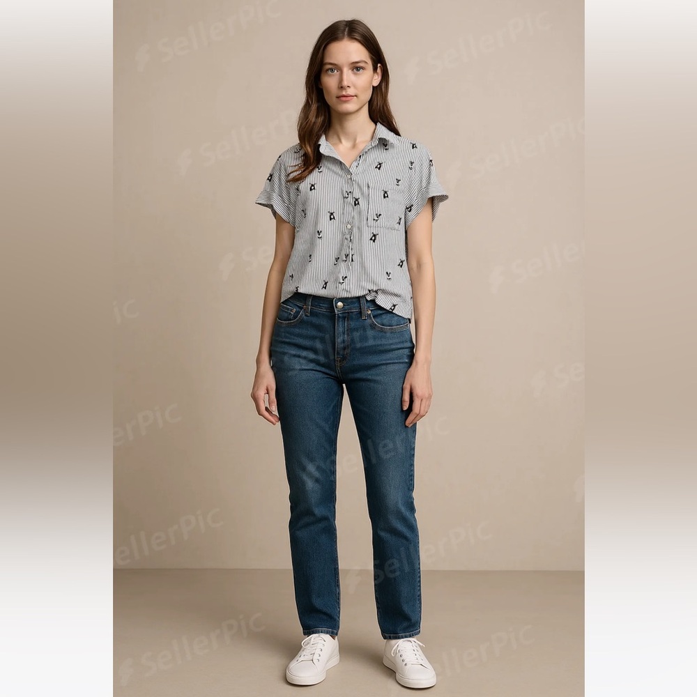Jane + Delancey Black and White French Bulldog Print Button-Down Shirt - Picture 2 of 10